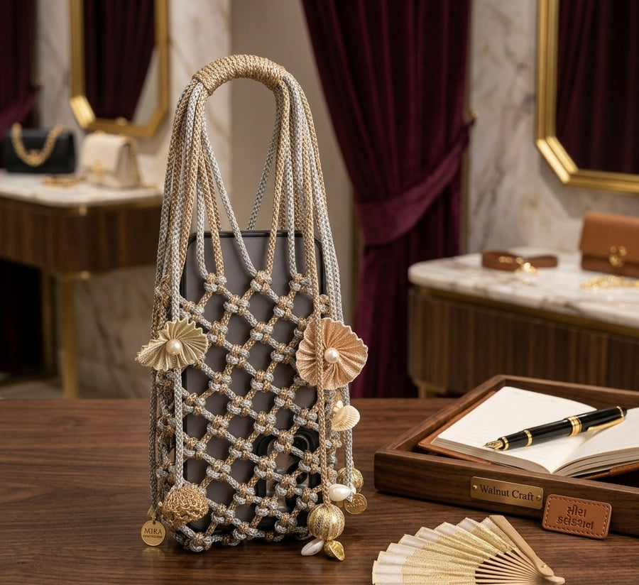 Metallic Braided Cord Phone Pouch with Pearl & Seashell Charms