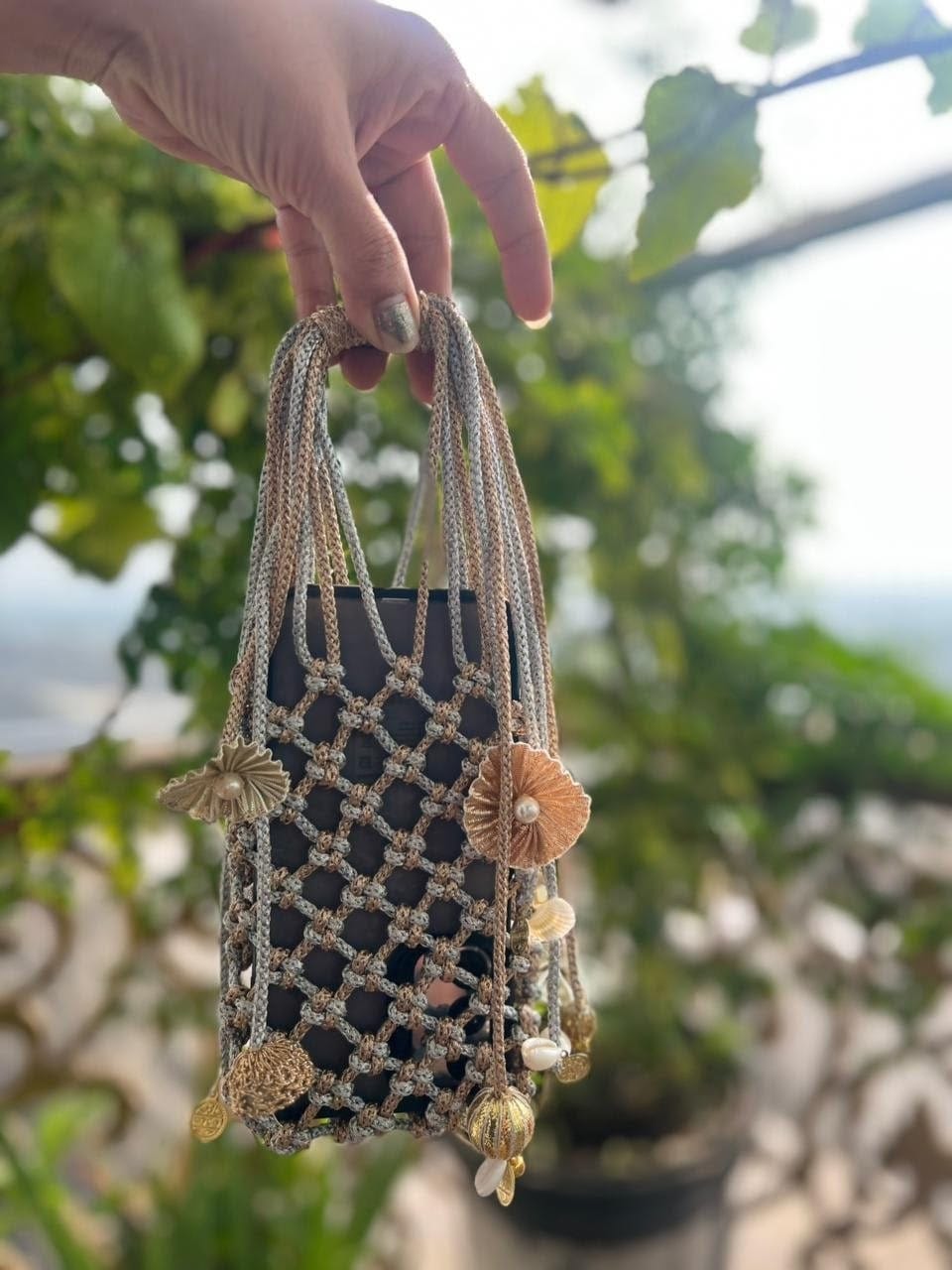 Metallic Braided Cord Phone Pouch with Pearl & Seashell Charms