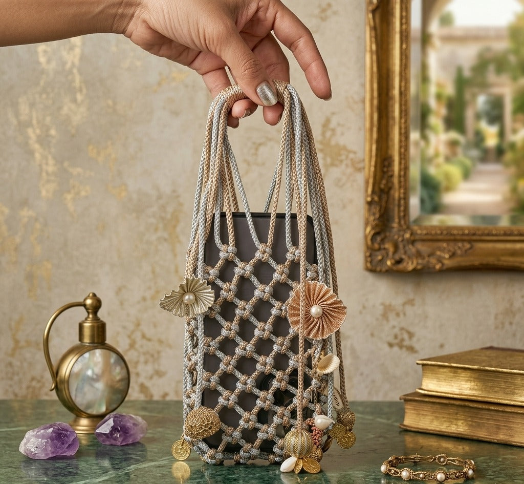 Metallic Braided Cord Phone Pouch with Pearl & Seashell Charms