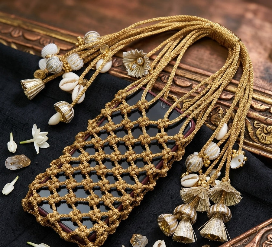 Golden Macrame Mobile Sling Bag for Women | Handmade