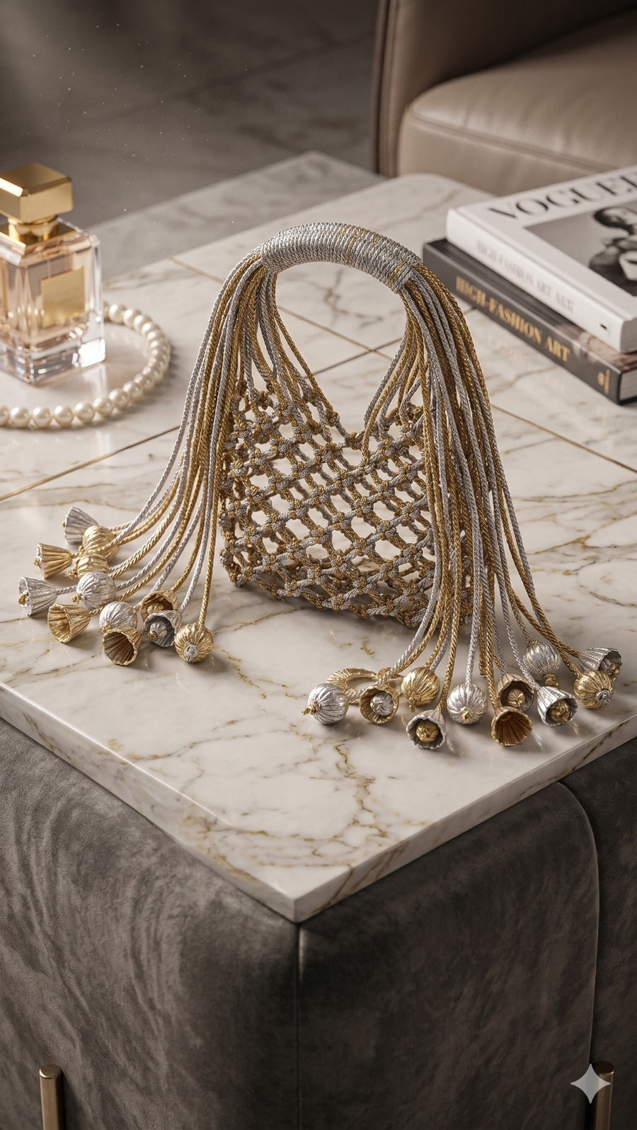 Handcrafted Dual-Tone Metallic Macramé Handbag with Beaded Tassels