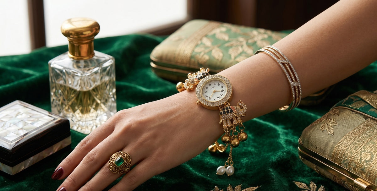 Luxury Crystal Dial Elephant Bracelet Watch for Women – Festive & Bridal Wear