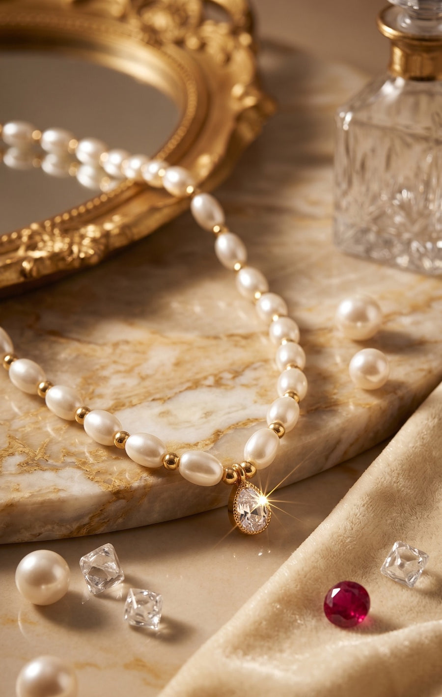 Freshwater Pearl Beaded Necklace with Pear-Cut Solitaire Pendant