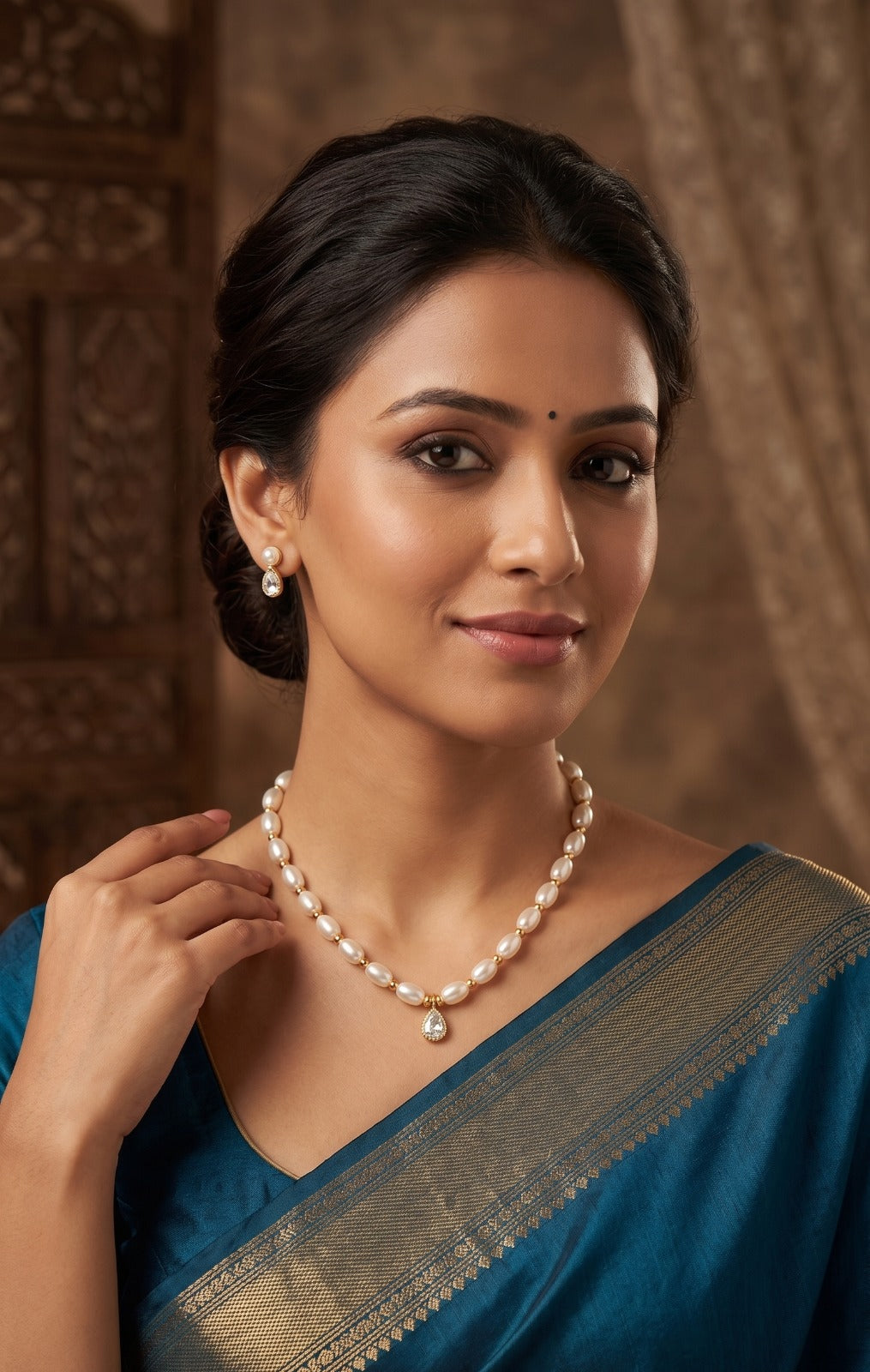Freshwater Pearl Beaded Necklace with Pear-Cut Solitaire Pendant