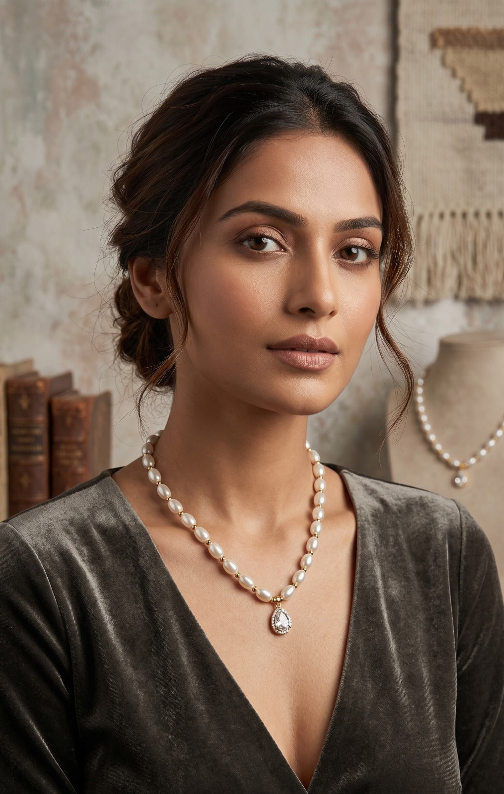 Freshwater Pearl Beaded Necklace with Pear-Cut Solitaire Pendant